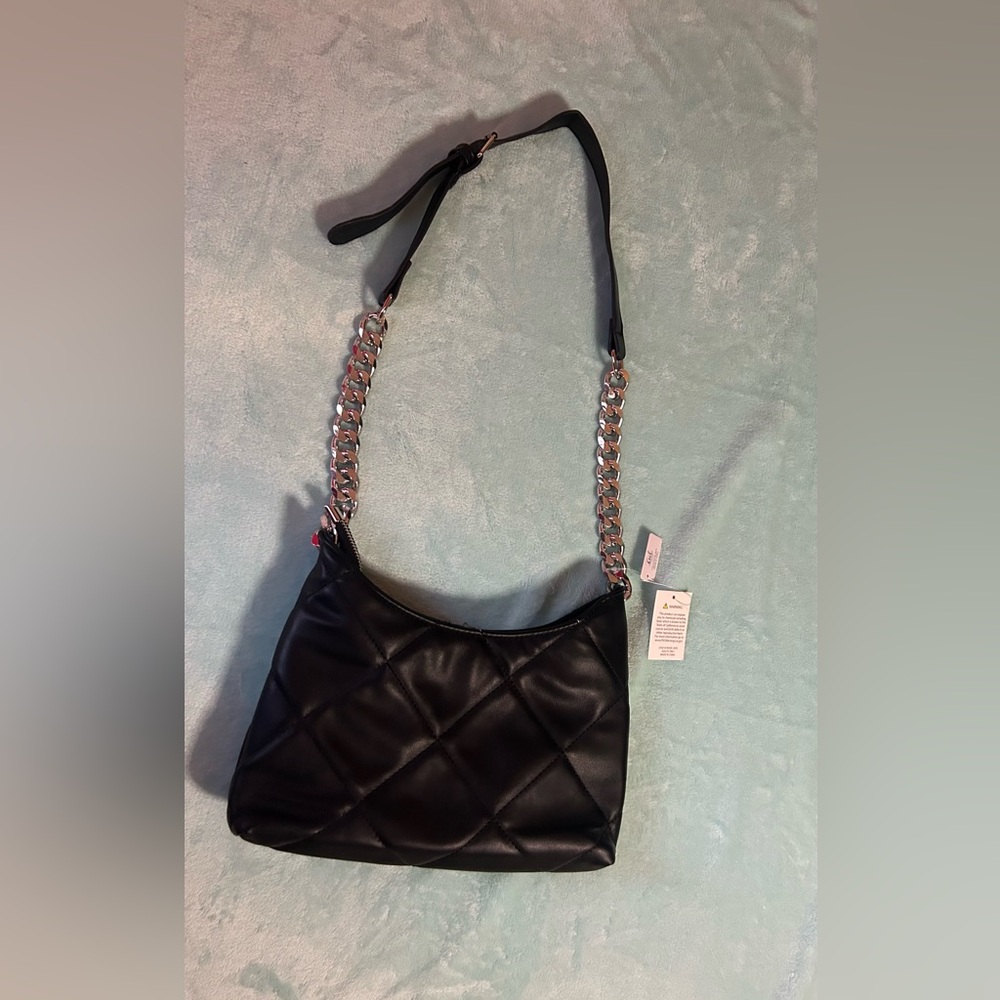 Fashion Nova Black Quilted Shoulder Bag with Silver Chain